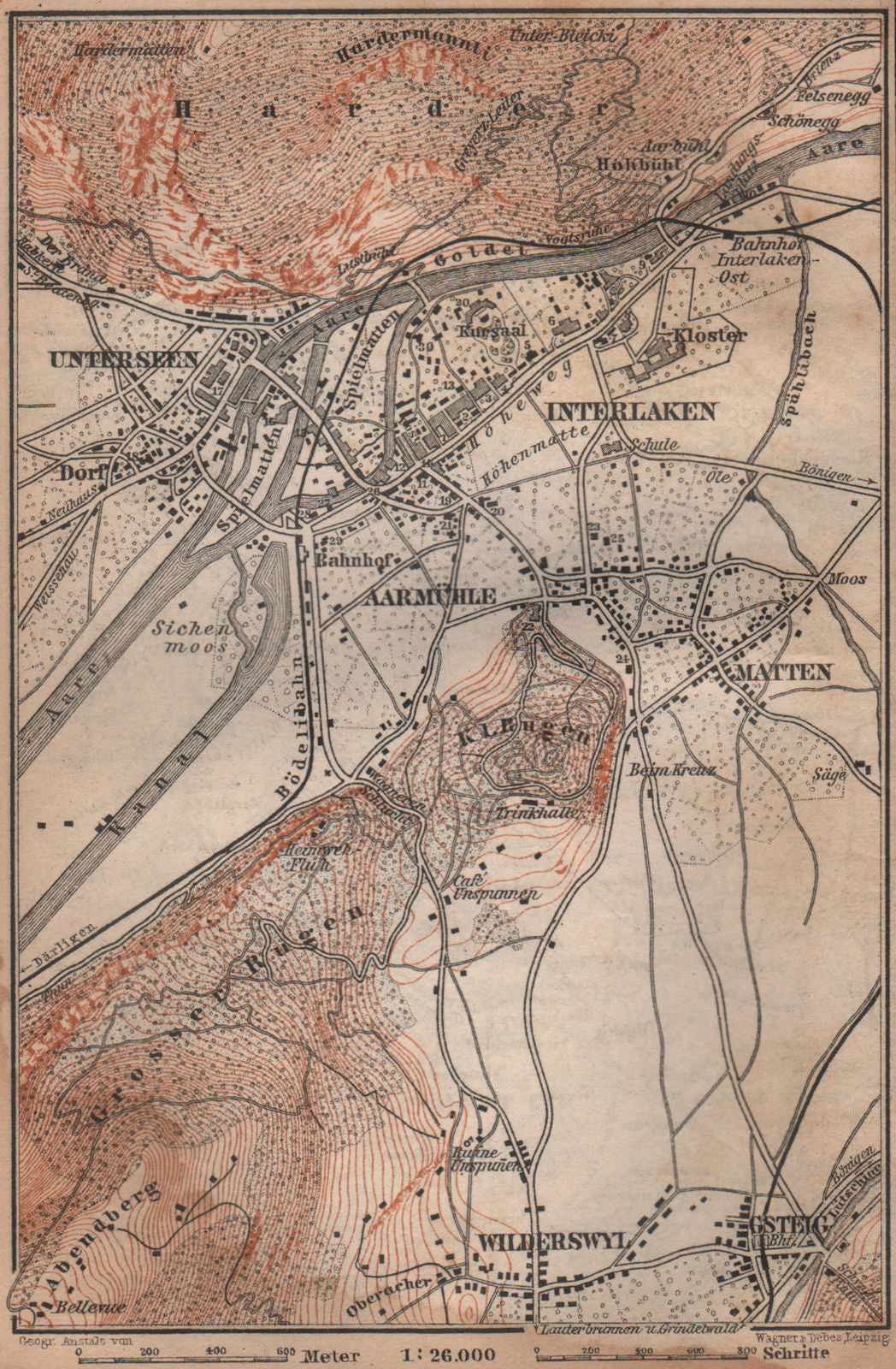 INTERLAKEN ENVIRONS. Unterseen Matten Aarmuhle Wilderswyl. Schweiz 1893 map